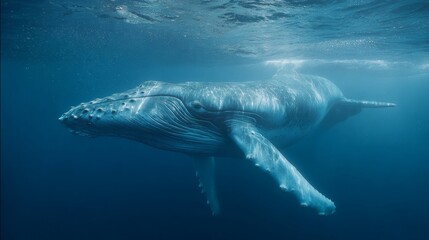 Underwater close-up of humpback whale swimming in clear blue ocean, showcasing textured skin, long fins, and graceful movement in natural habitat