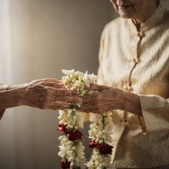 Elderly Hands Exchanging a Traditional Thai Phuang Malai Flower Garland