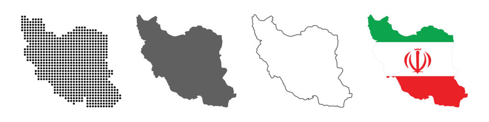 Obraz premium Iran Map Set with Dot, Silhouette, Outline and Flag Vector