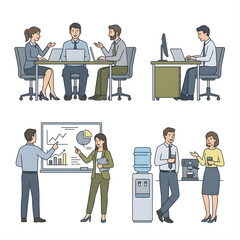 professional corporate office vector illustration, employees working in different situations meeting discussion, desk work, coffee break, planning on board