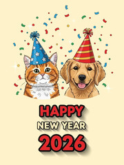 Fototapeta premium Happy New Year 2026 Cat and Dog Celebration.