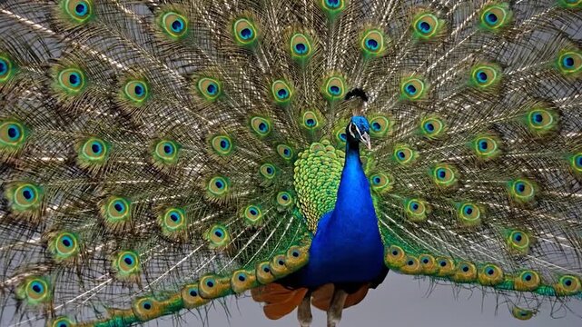 Vibrant blue peacock with its iridescent tail feathers fanned out, showcasing colorful eyespots
