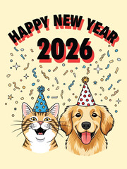 Fototapeta premium Happy New Year 2026 Celebration with Cute Cat and Dog.
