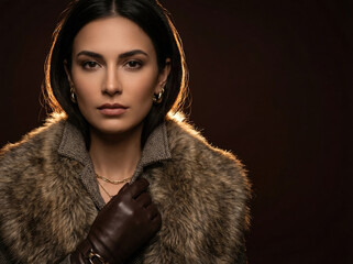 Confident Woman in Luxurious Fur Coat and Leather Gloves