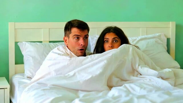 Couple awakens with expressions of shock and surprise while hiding under white bedding in a brightly lit bedroom with teal walls