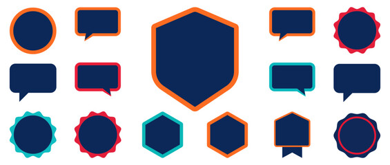 Badge shield label icon set featuring seals, emblems, frames, and speech bubbles. Clean editable symbols suitable for awards, UI elements, notifications, and interface graphics.