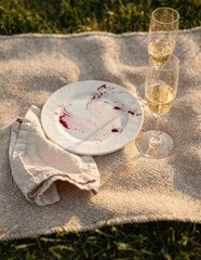 Golden Hour Picnic Aftermath with Champagne Flutes and Berry-Stained Plate