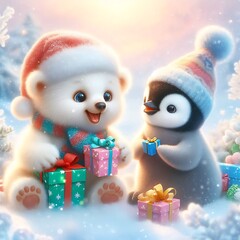 tedyy and penguin in christmas back ground