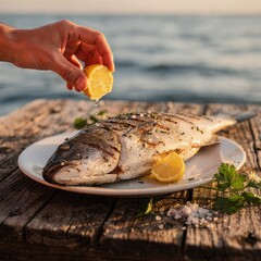 Hand Squeezing Fresh Lemon Over Grilled Fish on Rustic Table by the Sea at Sunset