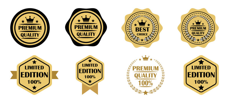 Premium quality badge icons set with golden seals, best choice labels, limited edition marks, and guarantee emblems, ideal for ecommerce, packaging, branding, and certification use.