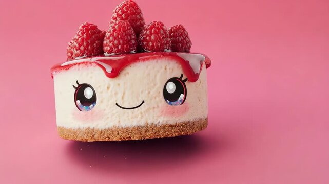 A smiling kawaii raspberry cheesecake with sparkling anime eyes and red berry glaze