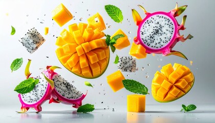 Floating mango and dragon fruit burst