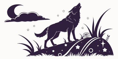 Silhouette of a wolf howling at the moon against a backdrop of stars and a crescent moon, evoking a sense of wild nature and nocturnal mystery