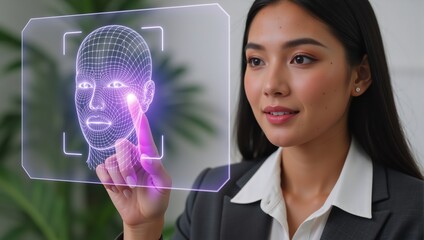 Asian businesswoman using a futuristic interface for facial recognition. Professional touching a glowing 3D wireframe head on a virtual screen for biometric identification