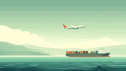Fototapeta premium Plane over container ship, teal sky, minimalist scene
