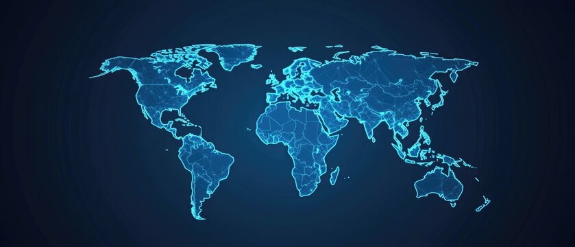 World map, glowing blue outlines on a dark background