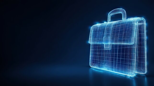 A digital briefcase rendered in blue, glows against a dark backdrop, emphasizing the intersection of technology and professional work. ..Created with Generative AI, not depicting real subjects.