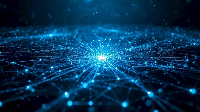 Abstract digital network field with bright central node and radiating blue connection lines