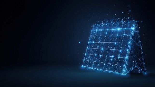 A captivating digital depiction of a calendar glows with futuristic brilliance against a dark backdrop. ..Created with Generative AI, not depicting real subjects. - Powered by Adobe