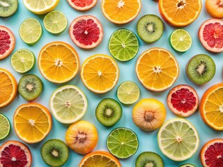 Fresh citrus and kiwi slices pattern on blue background, colorful healthy fruit flat lay composition with orange, lime, grapefruit textures
