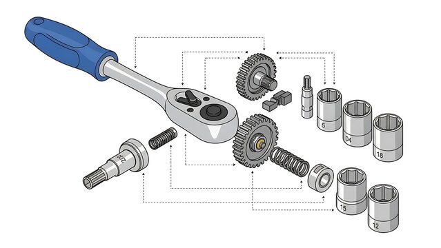 Exploded view technical illustration of a ratchet wrench and sockets.