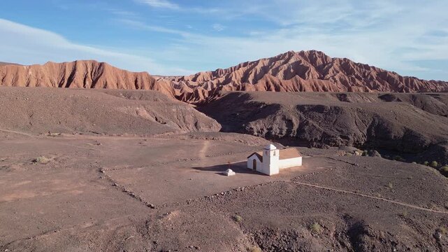 San Pedro de Atacama, Chile: Aerial footage of San Isidro church in the middle of Catarpe valley, San Pedro de Atacama, Chile. Taken with orbit motion on sunny day