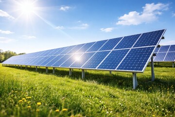 Vast Solar Panel Array in Lush Green Field Under Bright Sunny Sky
