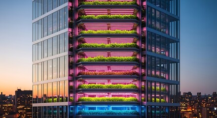 Illustration of a tall building with colorful green plants on shelves in the evening cityscape with a clear blue and orange sky