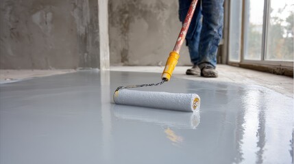 Roller Applying Primer Cement Floor Before Coating Construction Home Improvement Photography