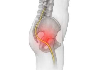 Human hip anatomy showing sciatic nerve compression causing radiating leg pain medical illustration isolated on white background