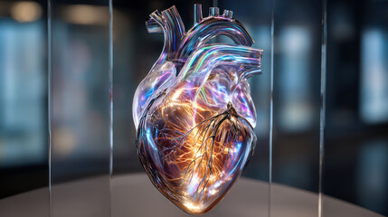 Human heart hologram user interface screen infographic, Artificial intelligence AI assistance with, Medical healthcare technology concept of doctor surgeon holding human heart, futuristic