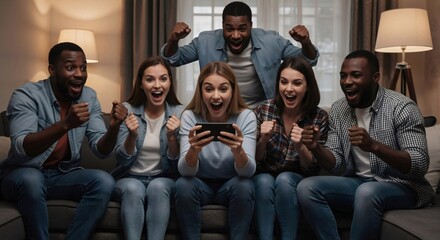 Fototapeta premium Group of young multi-ethnic friends watching woman play mobile video game on phone. Diverse people screaming and cheering online gaming with excitement.