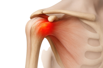 Human shoulder joint anatomy with inflamed rotator cuff muscles and highlighted pain area detailed medical illustration isolated on white background