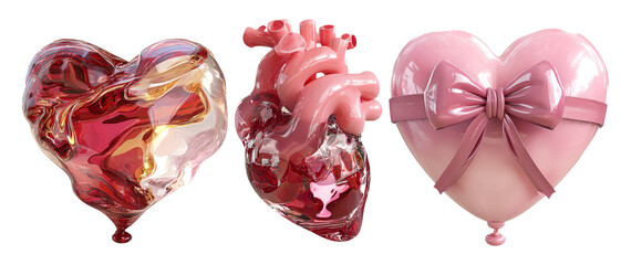 Fototapeta premium Three Unique Glass Hearts with Molten and Glossy Textures for Valentine’s Day Theme