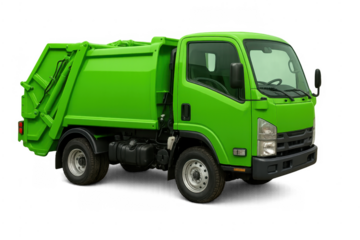 Green garbage truck collecting waste on transparent background