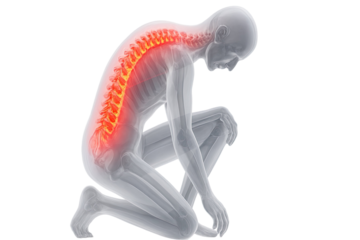 Human skeleton kneeling with severe spinal curvature and highlighted back pain showing spine anatomy isolated on white background