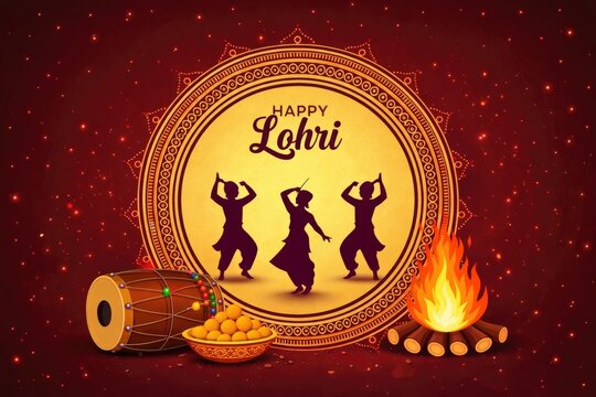 Happy Lohri festive greeting illustration with decorative circular frame, bonfire, drums, wheat and traditional sweets
