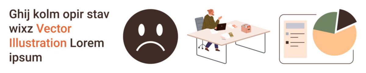 Fototapeta premium Business challenges, workplace stress, data analysis, office productivity, reporting, problem-solving. Sad face icon, man working at desk pie chart document. Business challenges and workplace