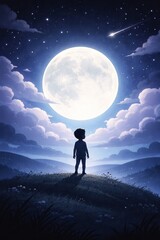 3D semi-realistic illustration of a child silhouette standing on rolling hills beneath a glowing full moon, layered clouds with soft gradients, star-filled night sky, shooting star detail