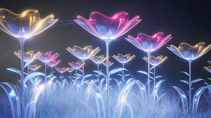 A garden filled with holographic flowers opening in perfect sync creating a luminous celebration of renewal with glowing petals light waves and a futuristic sci fi botanical atmosphere it