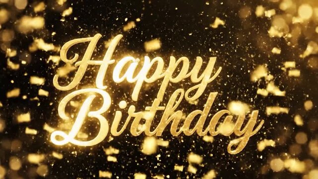 Golden 'Happy Birthday' script with glowing particles and bokeh on a dark background