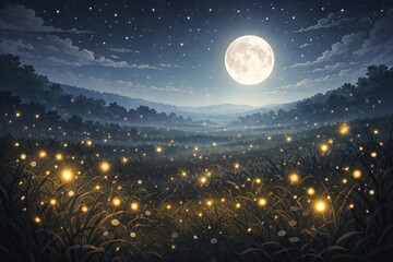 A 3D semi-realistic illustration of a moonlit meadow filled with glowing fireflies, layered grass fields, soft moonlight, luminous particles, depth through atmospheric perspective, cool night palette