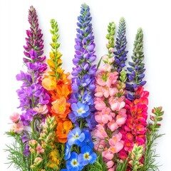 Colorful lupin and other flowers bouquet on a white background