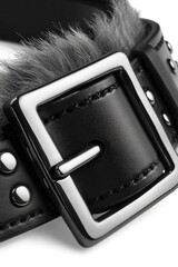 Furry-lined black leather belt, shiny metal buckle, stud details