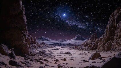Alien landscape; dark starry sky and rocky, muted terrain