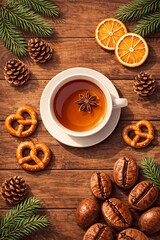 Top-down flat lay of a white cup of tea with star anise, pretzels, pine branches, dried orange slices, and pinecones on rustic wooden table, 3D semi-realistic style, strong depth in wood grain 
