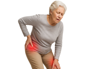 Elderly woman suffering lower back and knee pain standing and holding leg discomfort isolated on white background