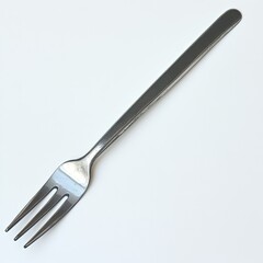 Single, three-pronged fork lies diagonally on a white surface