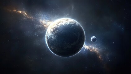 Earth-like planet with moon in cosmic dust cloud