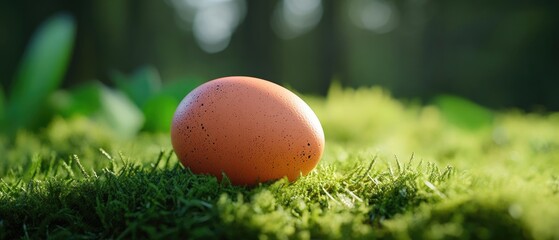 Brown egg resting on vibrant green moss, blurred backdrop